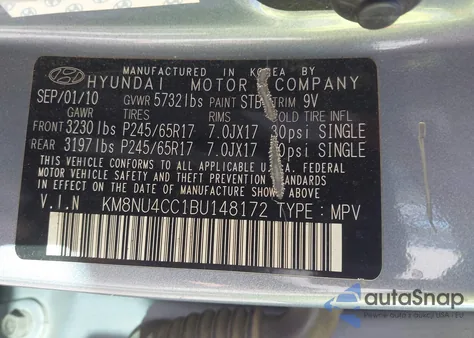 2011 Hyundai Veracruz Gls z USA, uszkodzony, nr VIN KM8NU4CC1BU148172